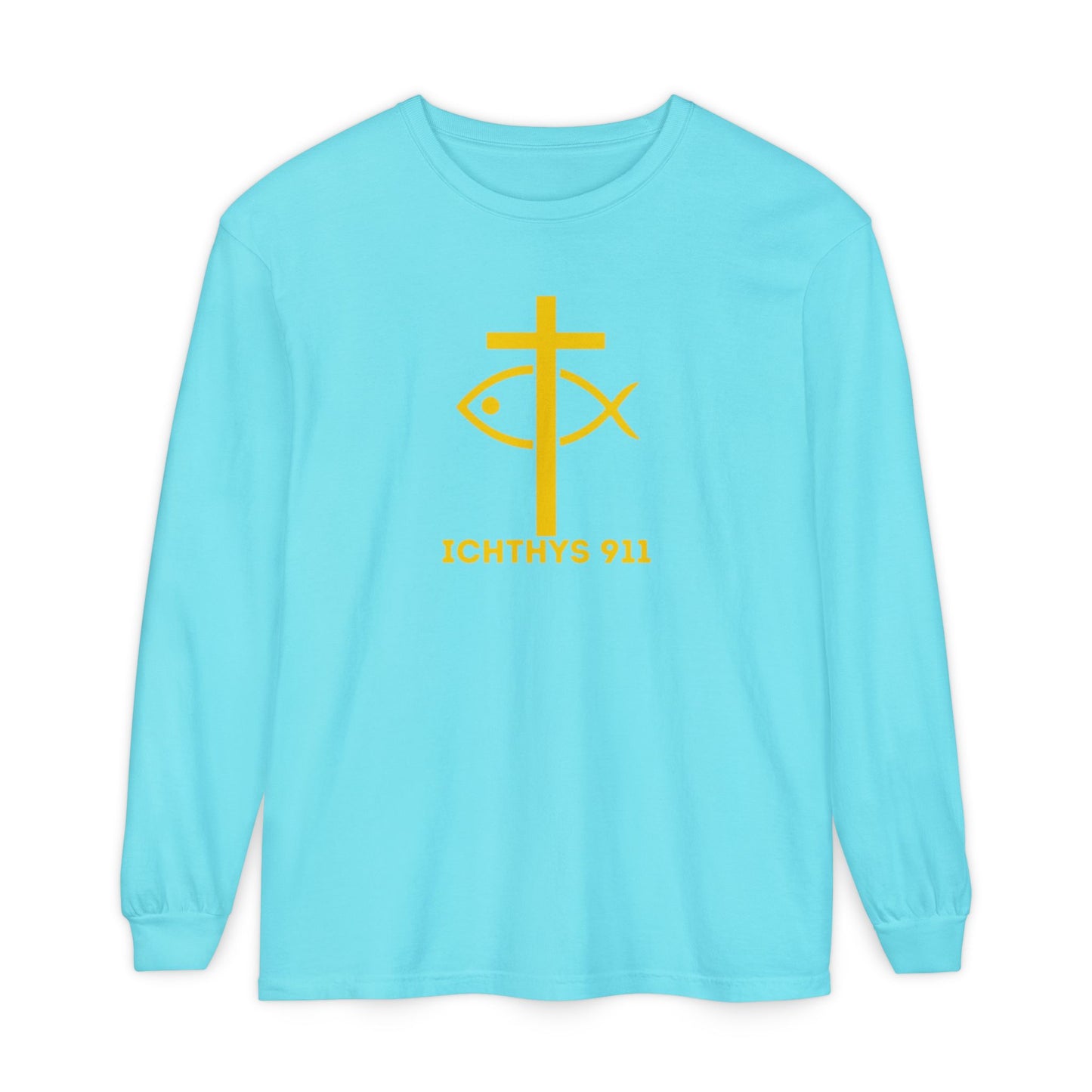 Authentic ICHTHYS 911 Collection -  Gold Font - Unisex Garment Dyed Long Sleeve T-Shirt - Men Long Sleeve - Women Long Sleeve - Christian Faith Symbol Tee - Faith Inspired