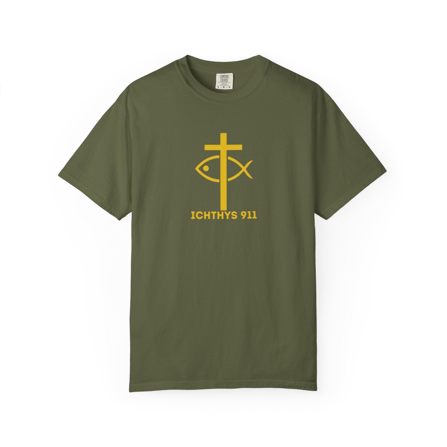"Jesus Christ Son of God Savior" - Gold Font - Unisex Garment Dyed T- Shirt - Men T-Shirt - Women T-Shirt - Christian Streetwear T-Shirt – Jesus Gym & Faith Fashion,ICHTHYS 911 -