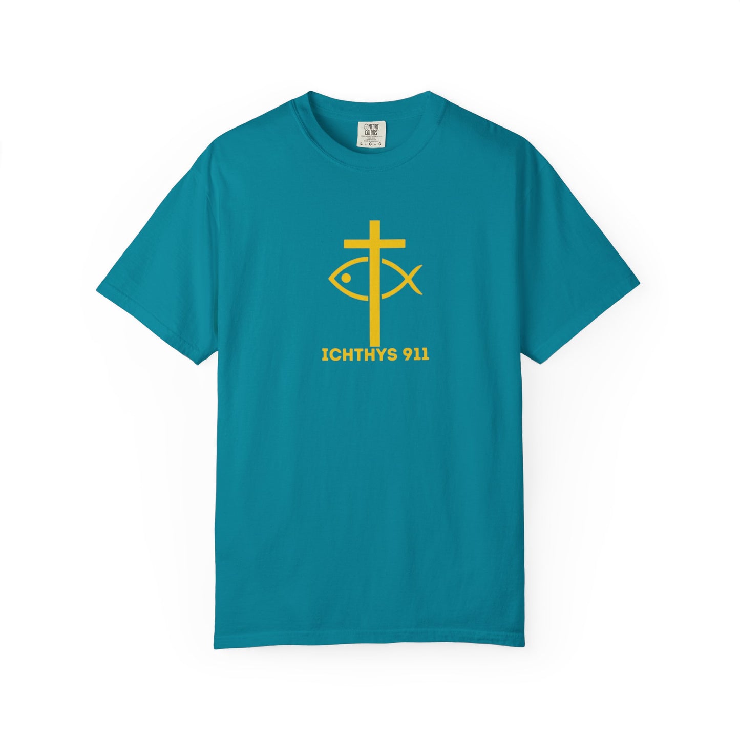 ICHTHYS 911 Gold Font "Faith, Hope, & Love" - Unisex Garment Dyed T-Shirt - 100# US Cotton - Men T-Shirt - Women T-Shirt - Christian T- Shirt -Faith-Inspired Shirt - Christian Fashion - Wear Your Faith