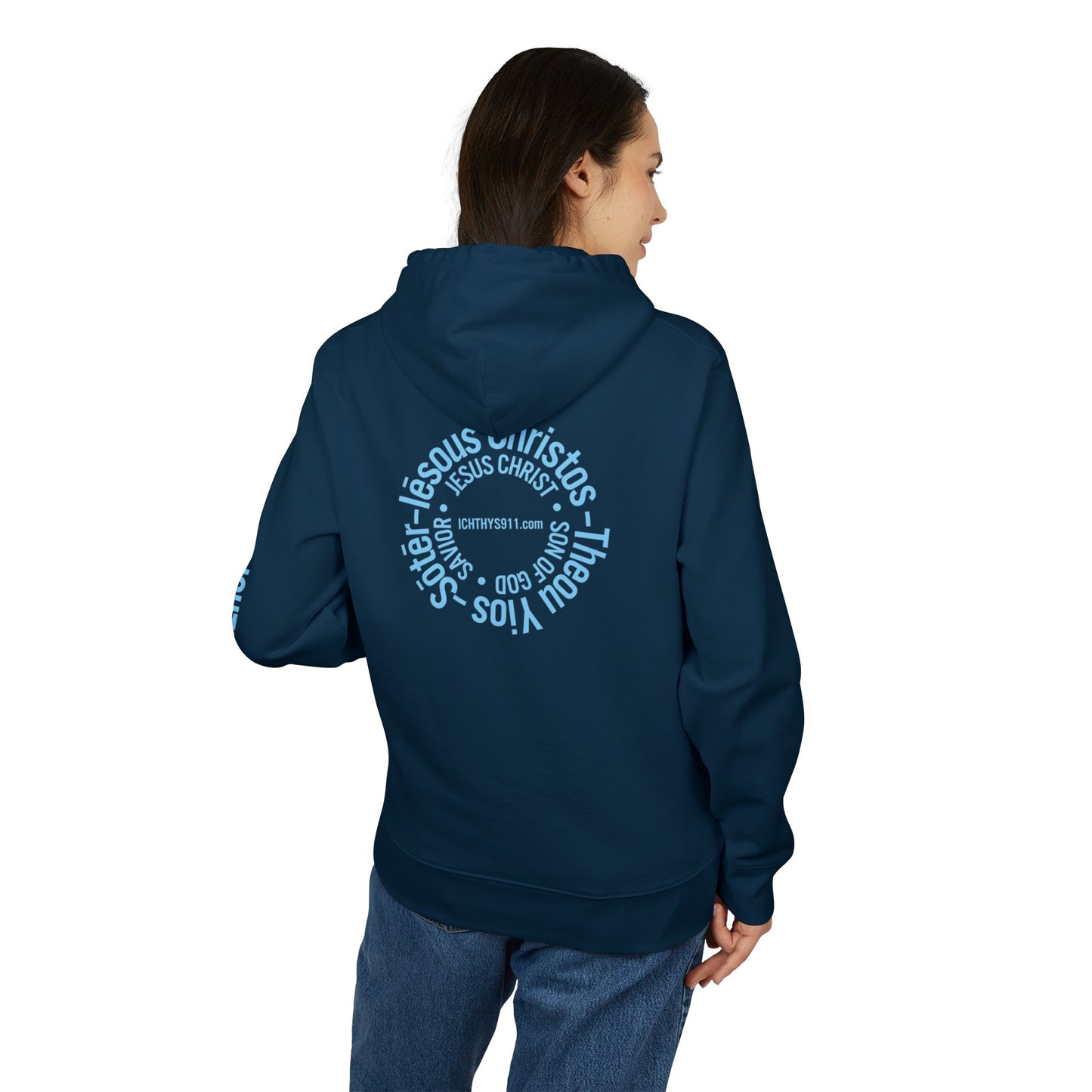 Iēsous Christos, Theou Yios, Sōtēr = Jesus Christ, Son of God, Savior - Unisex - Blue Font - Sweatshirt - ICHTHYS 911 - Hoodie -100% Organic- Heavy