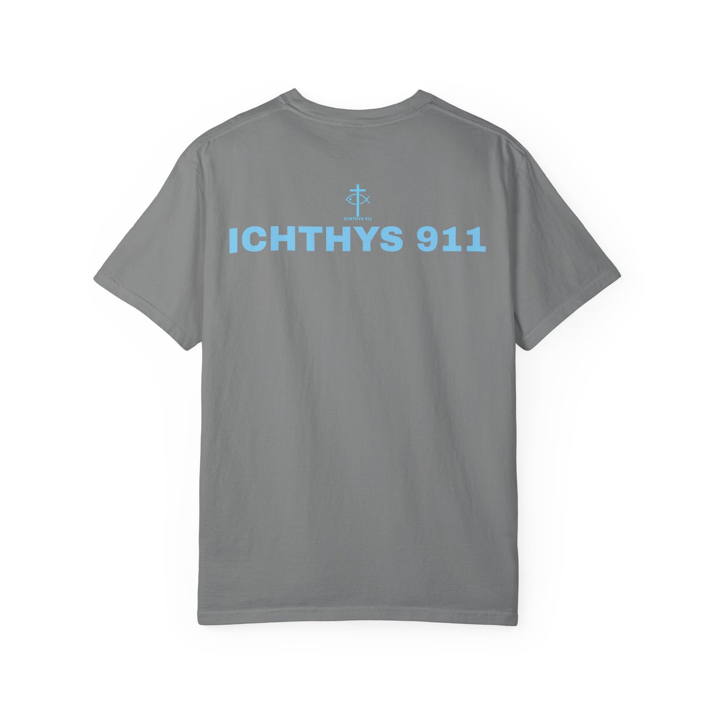 Authentic - Christian Streetwear T-Shirt – Jesus Gym & Faith Fashion, Unisex Garment-Dyed T-Shirt Blue Font - ICHTHYS 911