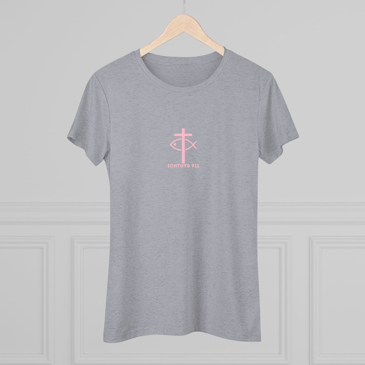 ICHTHYS 911 "IC Round Collection" Pink Font - Inspirational Women's Triblend Tee - Women T-Shirt - 50% polyester, 25% cotton, 25% ryaon
