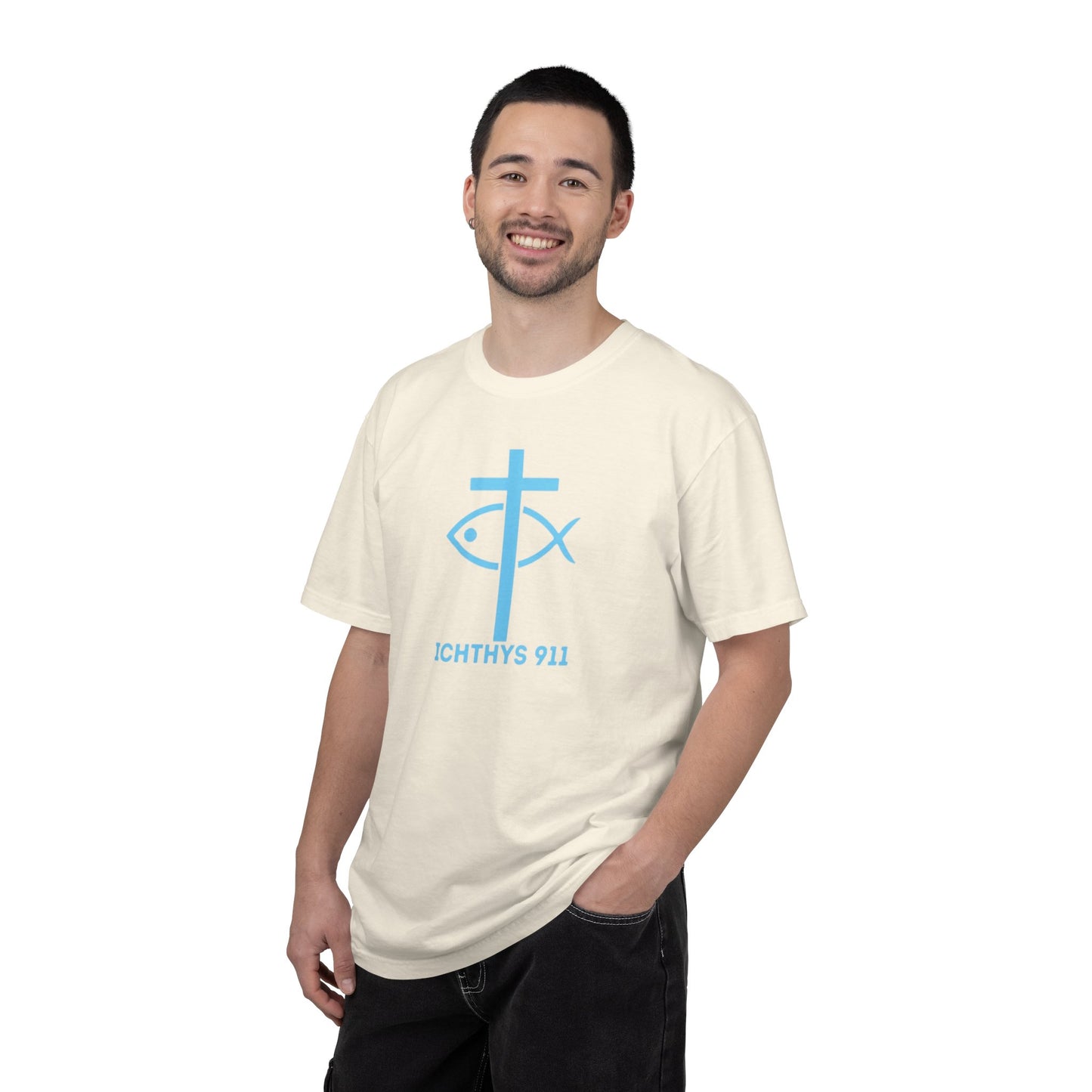 Authentic - Christian Streetwear T-Shirt – Jesus Gym & Faith Fashion, Unisex Garment-Dyed T-Shirt Blue Font - ICHTHYS 911