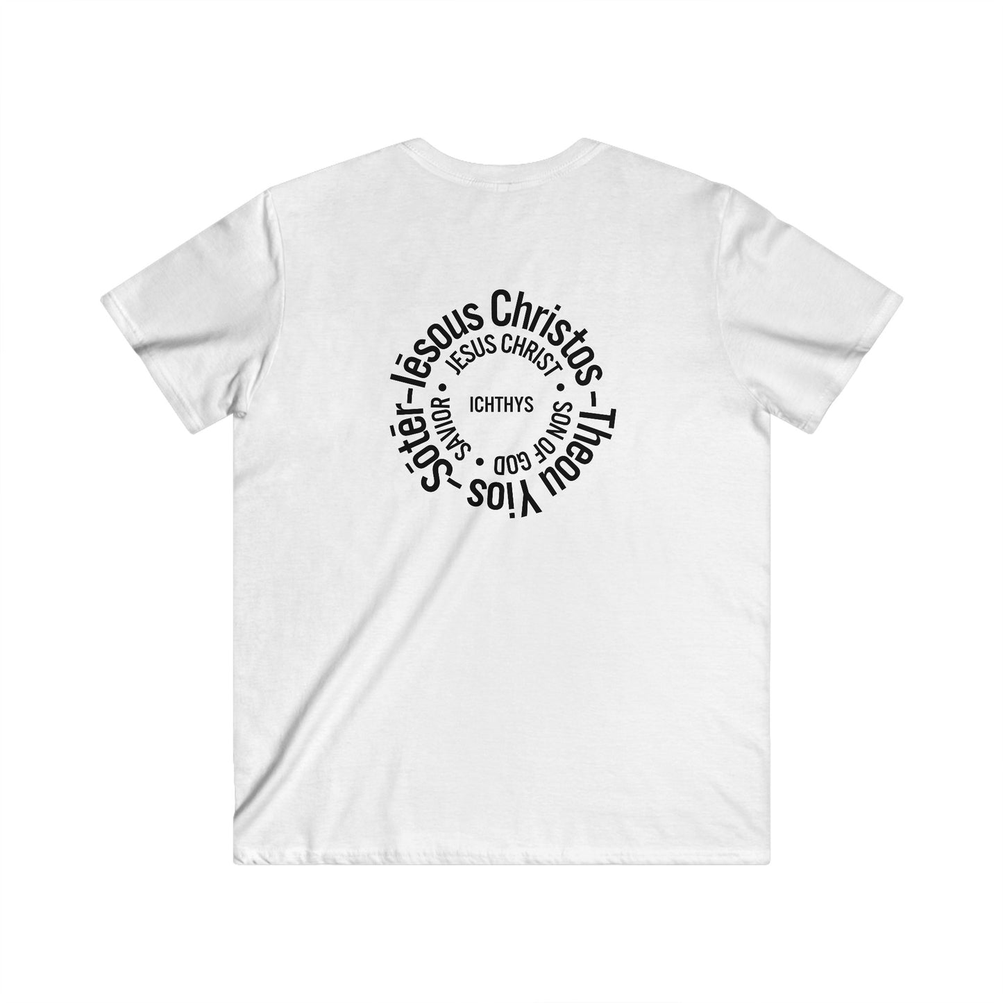 ICHTHYS 911 - White Font - "Iēsous Christos, Theou Yios, Sōtēr" - Men's Fitted V-Neck Tee with Inspirational Design - Perfect for Faith and Casual Wear