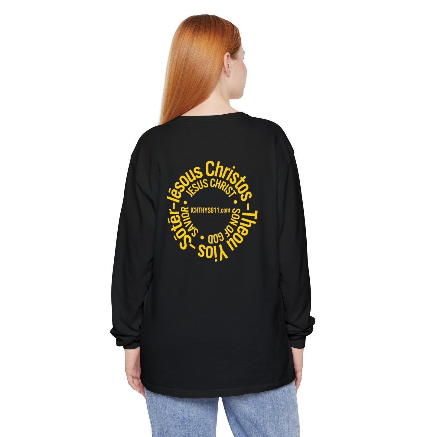 Authentic ICHTHYS 911 Collection -  Gold Font - Unisex Garment Dyed Long Sleeve T-Shirt - Men Long Sleeve - Women Long Sleeve - Christian Faith Symbol Tee - Faith Inspired