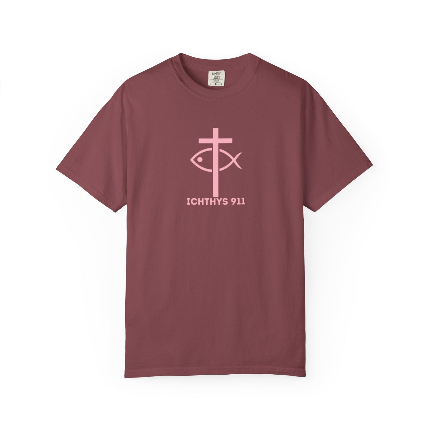 ICHTHYS 911 Pink Font "Faith, Hope, & Love" - Unisex Garment Dyed T-Shirt - 100% US Cotton - Men T-Shirt - Christian Women Tee - Faith-Inspired Shirt - Christian Fashion - Wear Your Faith - Additional Colors Added