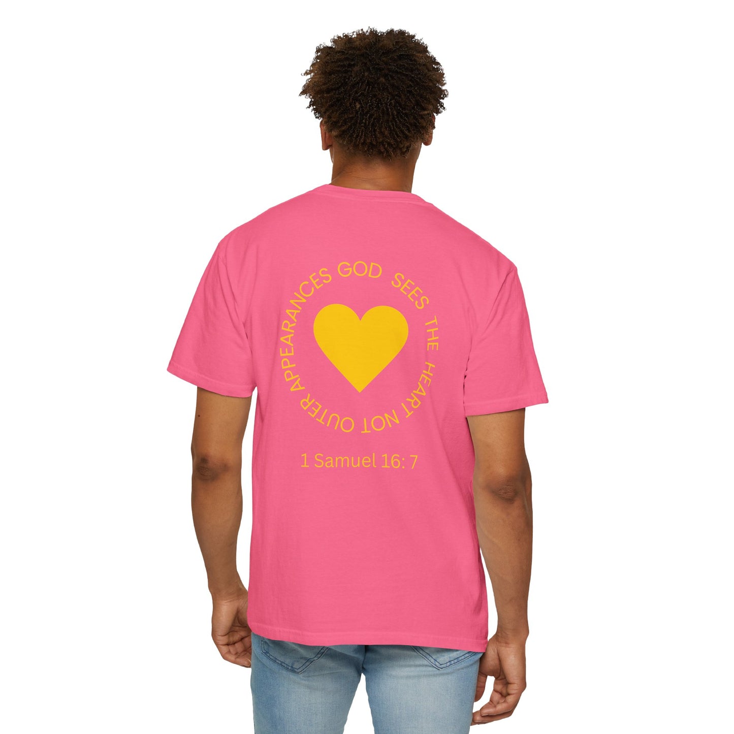 ICHTHYS 911 - "God Sees the Heart" Reverse' Gold Font - Unisex Garment - Dyed T-Shirt - 100% US Cotton - Men T-Shirt - Women T-Shirt - Inspirational Graphic T-Shirt for Everyday Motivation