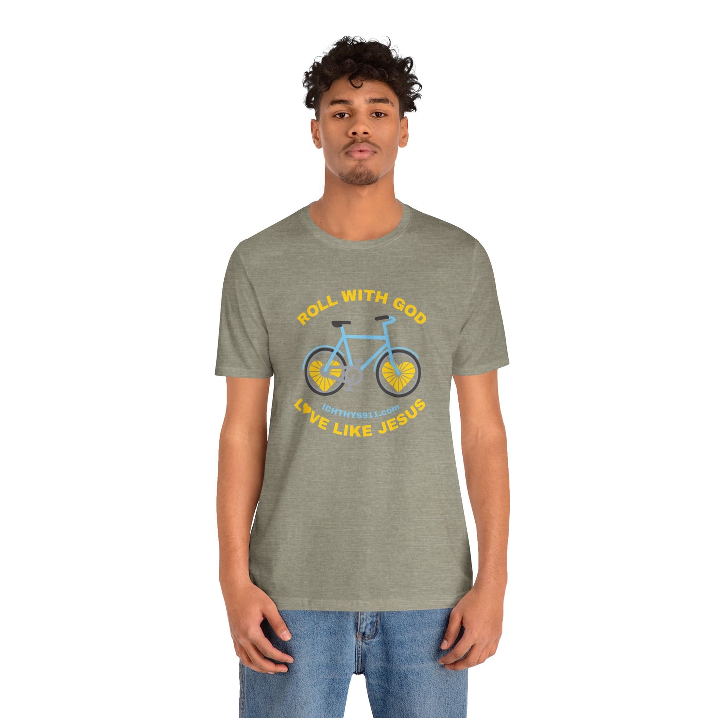 ICHTHYS 911 - "Roll With God Love Like Jesus" - Reverse Design - Unisex T- Shirt - Lightweight 100% Cotton - Summer T - Arm Form Fitting - Men T- Shirt - Women T-Shirt - Christian T-Shirt - Love Like Jesus