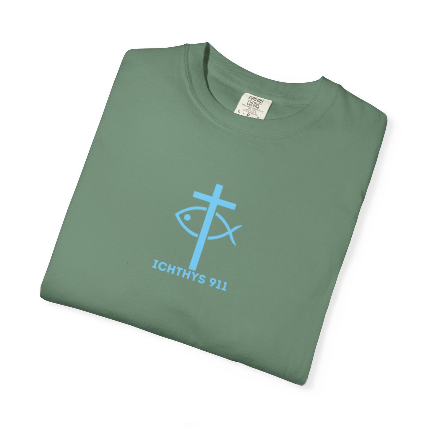 ICHTHYS 911 - "Jesus Christ Son of God Savior" Blue Font - Christian Streetwear T-Shirt – Jesus Gym & Faith Fashion, Unisex Garment-Dyed T-Shirt Blue Font