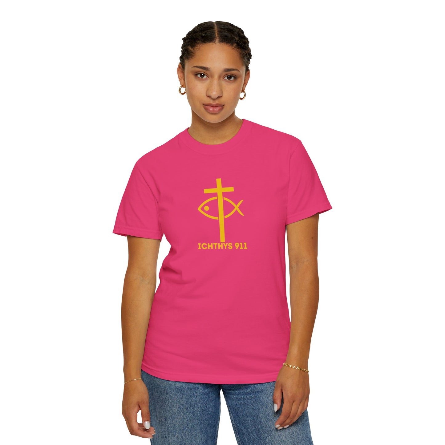ICHTHYS 911 Gold Font "Faith, Hope, & Love" - Unisex Garment Dyed T-Shirt - 100# US Cotton - Men T-Shirt - Women T-Shirt - Christian T- Shirt -Faith-Inspired Shirt - Christian Fashion - Wear Your Faith