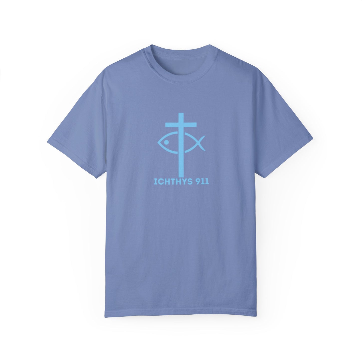ICHTHYS 911 - Authentic - Christian Streetwear T-Shirt – Jesus Gym & Faith Fashion, Unisex Garment-Dyed T-Shirt Blue Font
