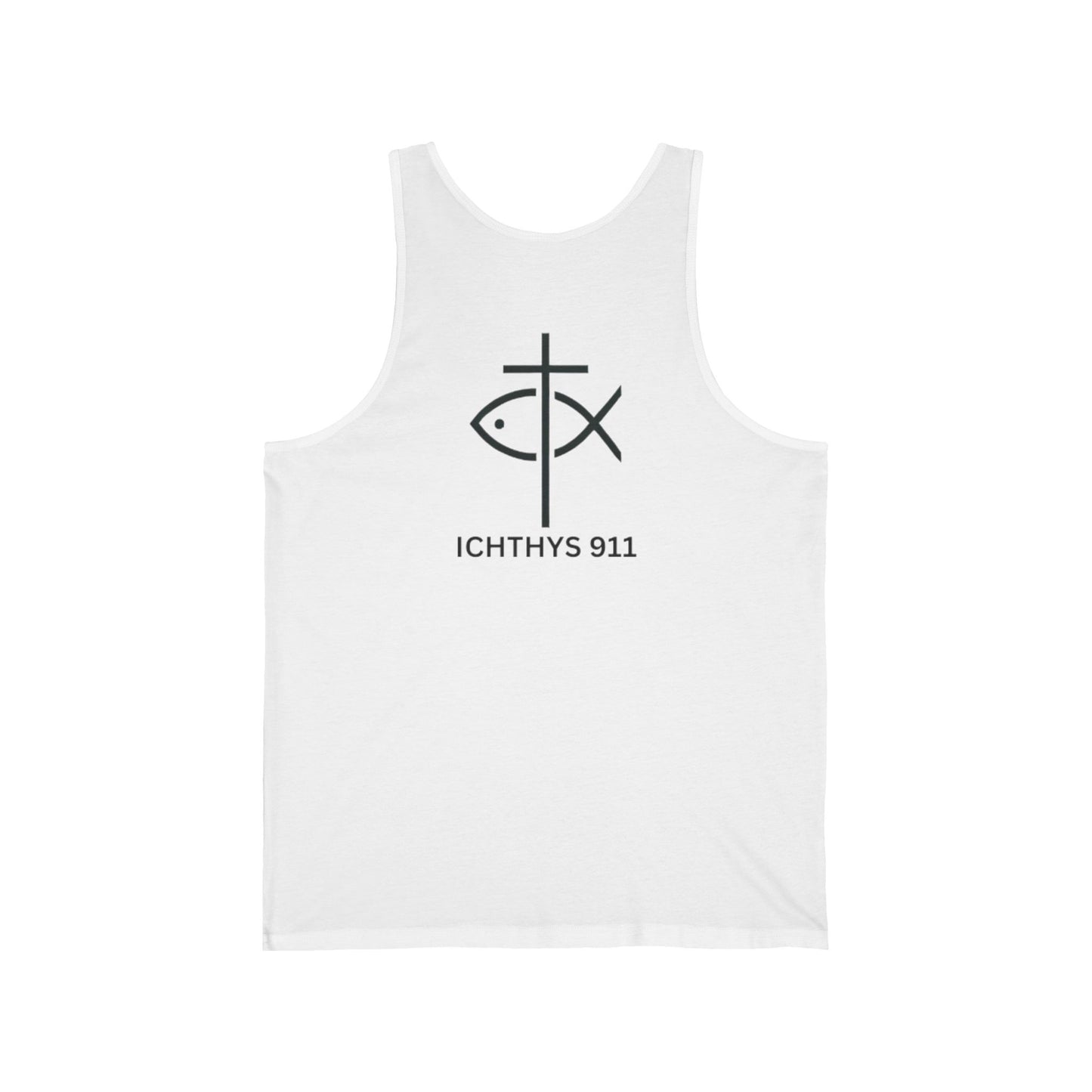 ICHTHYS 911 - Jersey Tank Badge Logo - Casual Christian Symbol Graphic Tee - Unisex