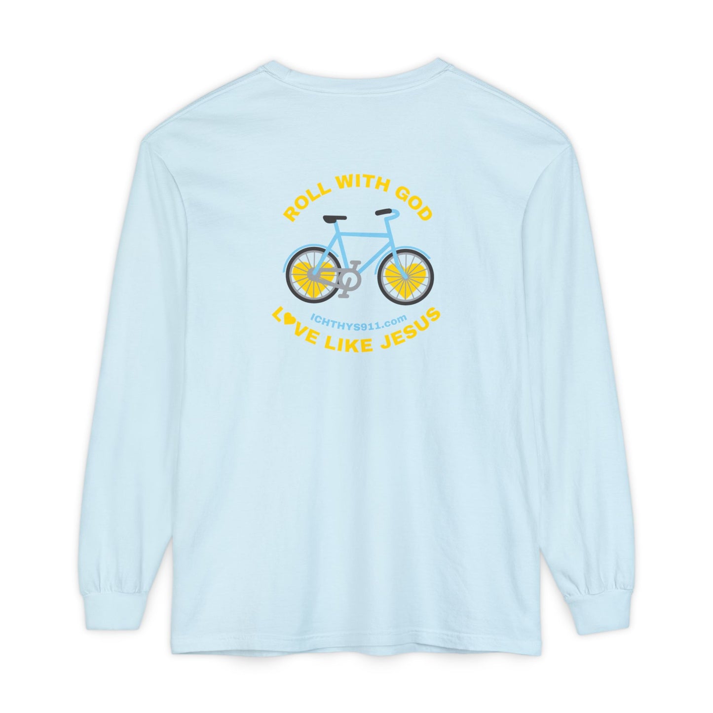 “Roll With God, Love Like Jesus” Bike Graphic -Unisex T- Shirt - Gold Font - Men T- Shirt - Women T-Shirt - Christian T-Shirt - ICHTHYS 911 - Soft - Garment-Dyed