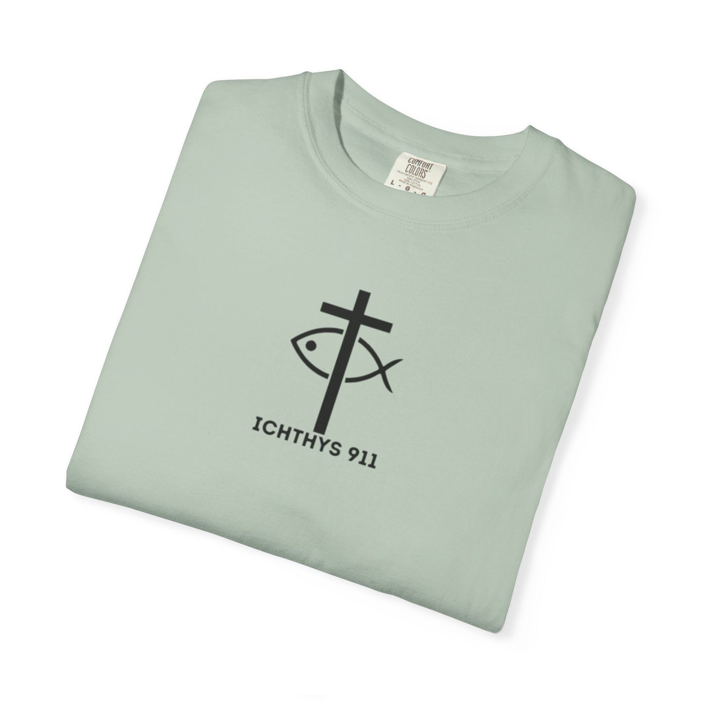 ICHTHYS 911 Black Font - "Run With Endurance Hebrews 12:1" - Unisex Garment Dyed T-Shirt -100% US Cotton - Men T-Shirt - Women T-Shirt - Bible Verse - Christian Faith - Christian Workout