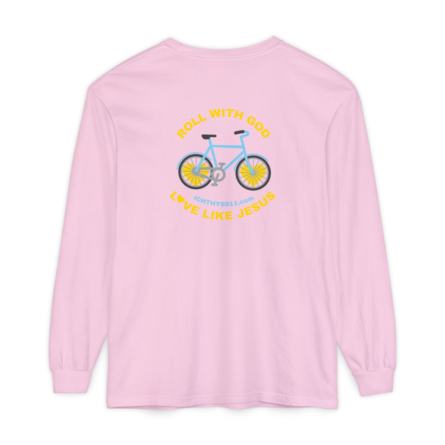 “Roll With God, Love Like Jesus” Bike Graphic -Unisex T- Shirt - Gold Font - Men T- Shirt - Women T-Shirt - Christian T-Shirt - ICHTHYS 911 - Soft - Garment-Dyed