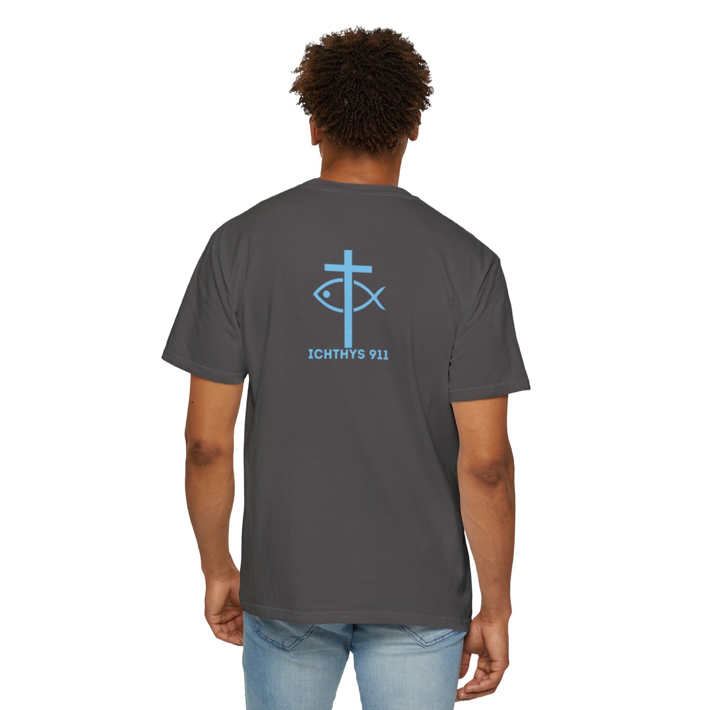 ICHTHYS 911 Blue Font "Iēsous Christos, Theou Yios, Sōtēr" - Reverse - Collection - Unisex - Christian Graphic Tee - Gym - T - Christian Faith - Jesus Wear - Women T-Shirt - Men T-Shirt