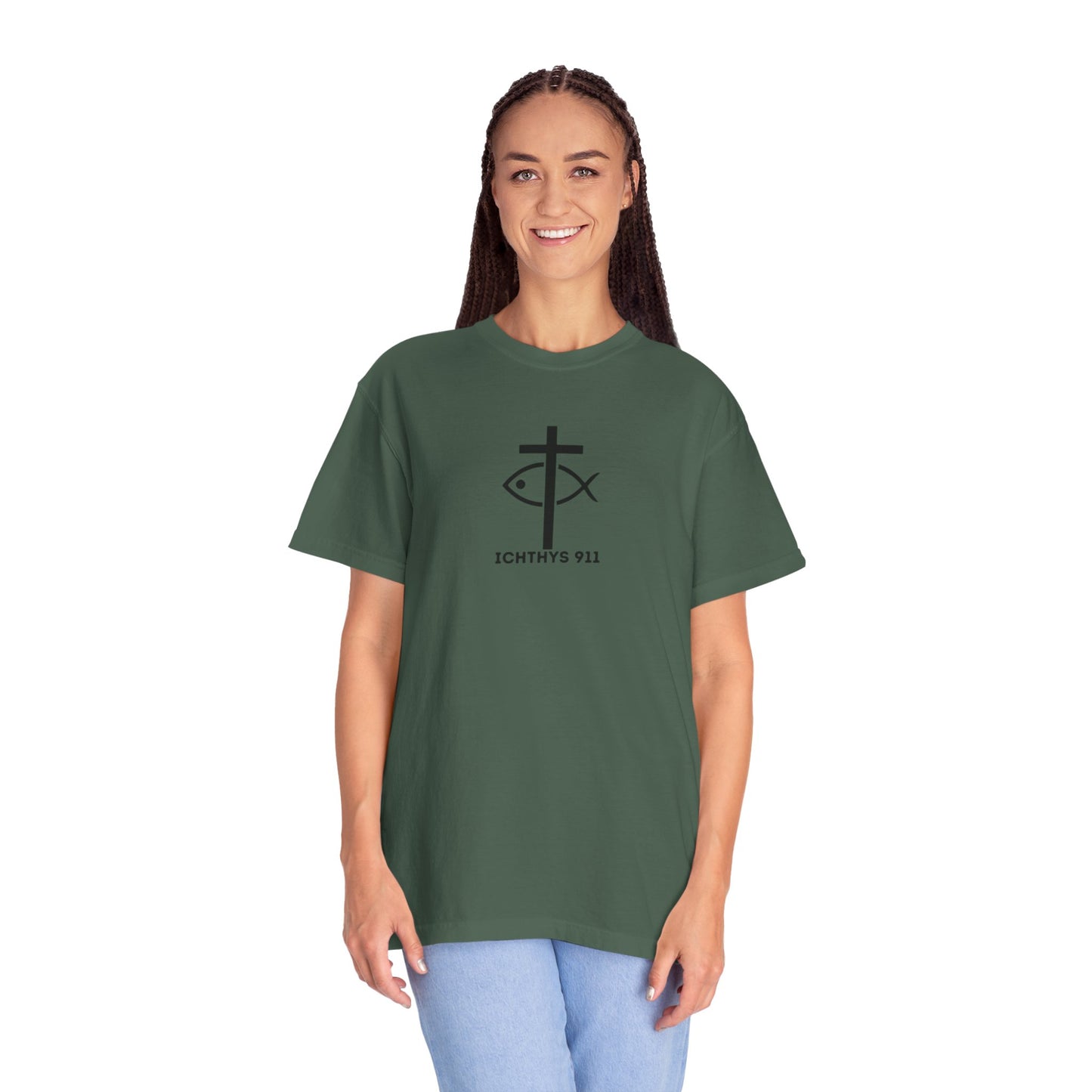 ICHTHYS 911 - Black Font - Additional Flavors - "Faith & Strength" - Unisex  - Garment Dyed -100% US Cotton -Short Sleeve Tee - Inspirational Graphic T-Shirt for Everyday Motivation - Women T-Shirt - Soft T