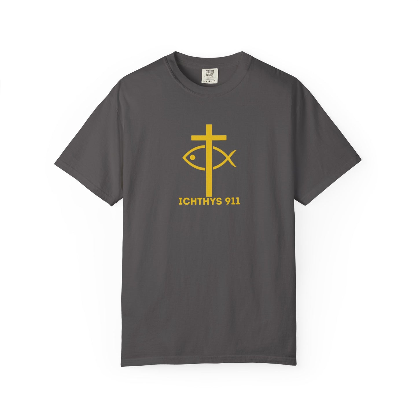 ICHTHYS 911 - "Jesus Christ Son of God Savior" - Gold Font - Unisex Garment Dyed T- Shirt - Men T-Shirt - Women T-Shirt - Christian Streetwear T-Shirt – Jesus Gym & Faith Fashion