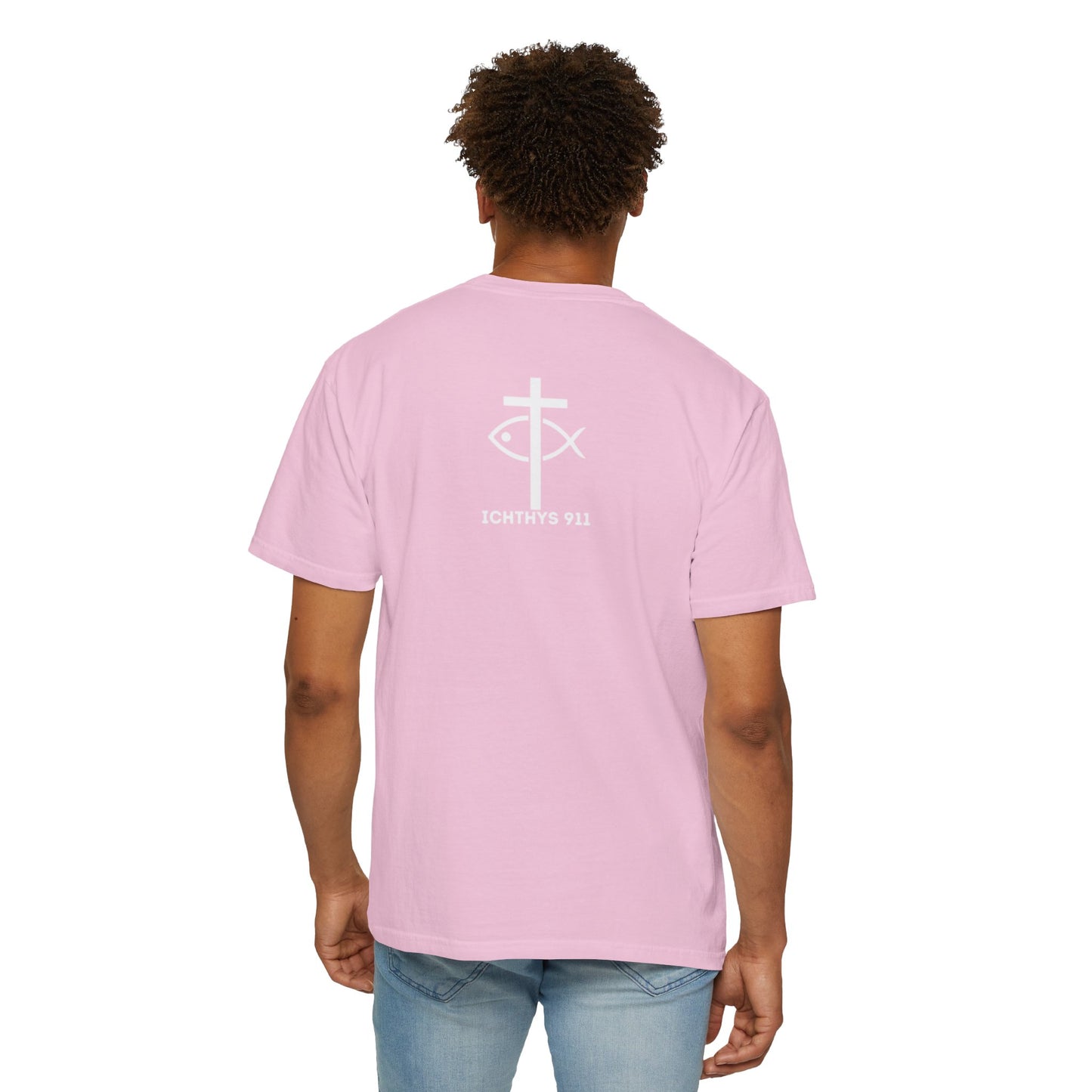 ICHTHYS 911 - "God Sees the Heart" Reverse Design - White Font - Unisex Garment - Dyed T-Shirt - 100% US Cotton - Men T-Shirt - Women T-Shirt - Inspirational Graphic T-Shirt for Everyday Motivation