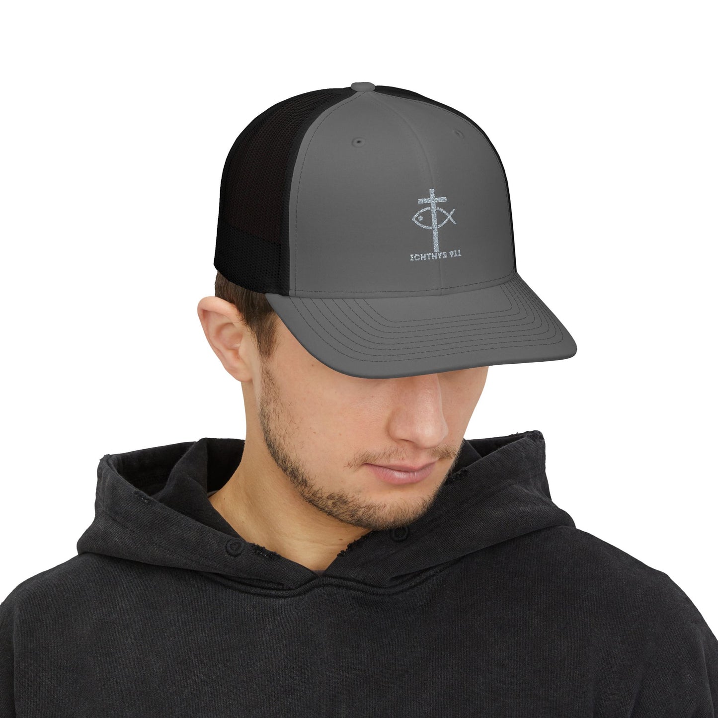 ICHTHYS 911 Embroidered Snapback Trucker Cap - Faith-Inspired Outdoor Hat - Jesus