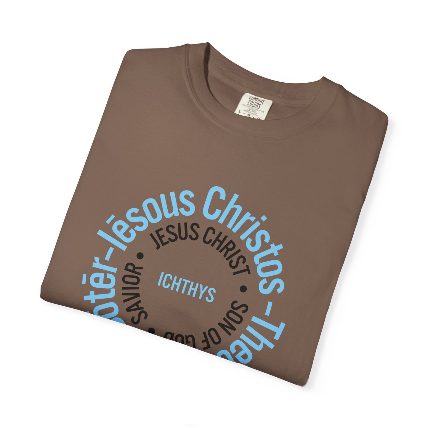 ICHTHYS 911 Blue & Black Font "Iēsous Christos, Theou Yios, Sōtēr" - Collection - Reverse Design - Unisex Garment Dyed - 100% US Cotton - Christian Graphic Tee - Gym - T - Christian Faith - Jesus Wear - Women T-Shirt - Men T-Shirt