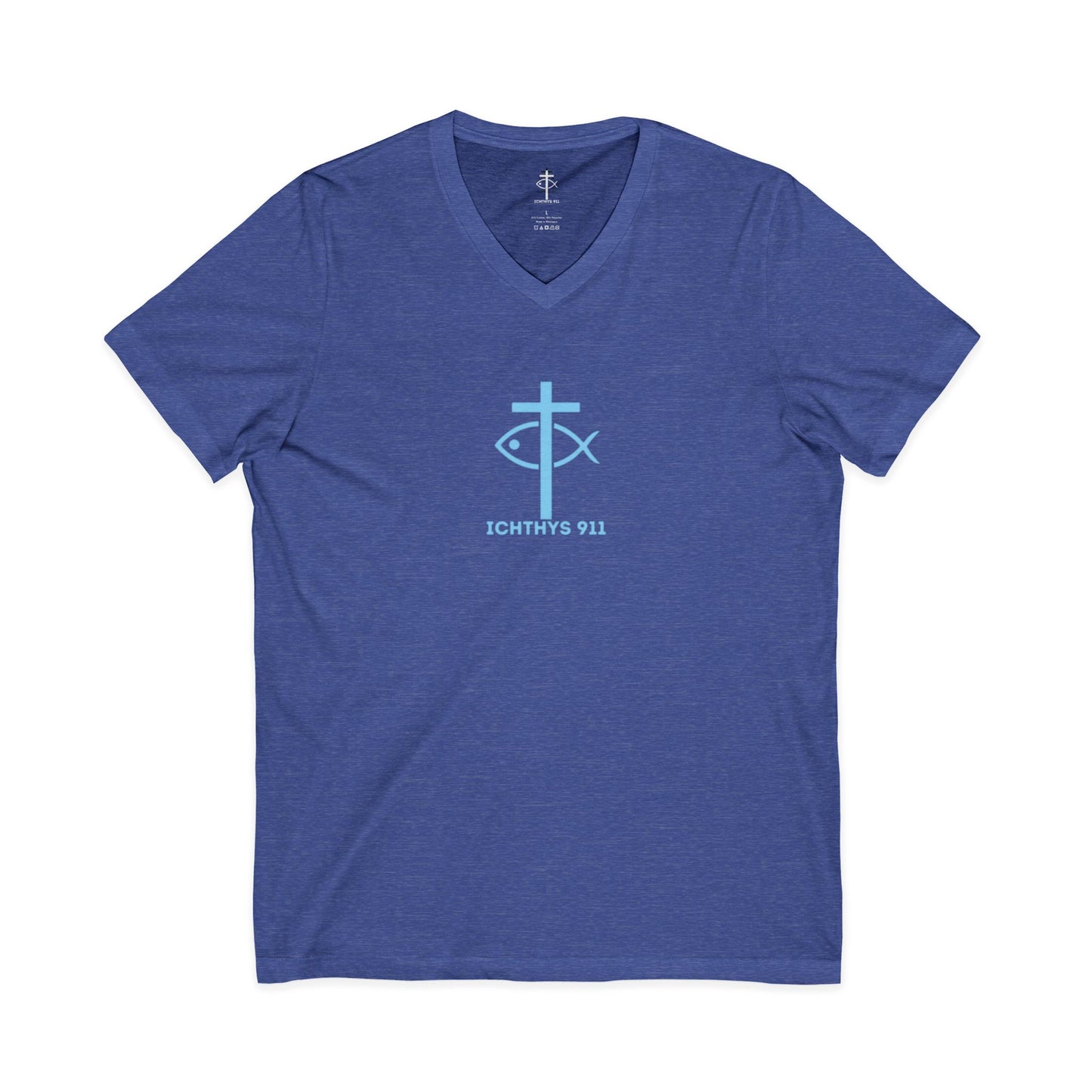 Jesus Is His Name, Saving Souls For Eternity is His Game - Blue Font - V-Neck - Unisex -Men T-Shirt - Women T-Shirt - Christian T - Faith-Inspired Unisex V-Neck Tee - Perfect for Christians - ICHTHYS 911 Design