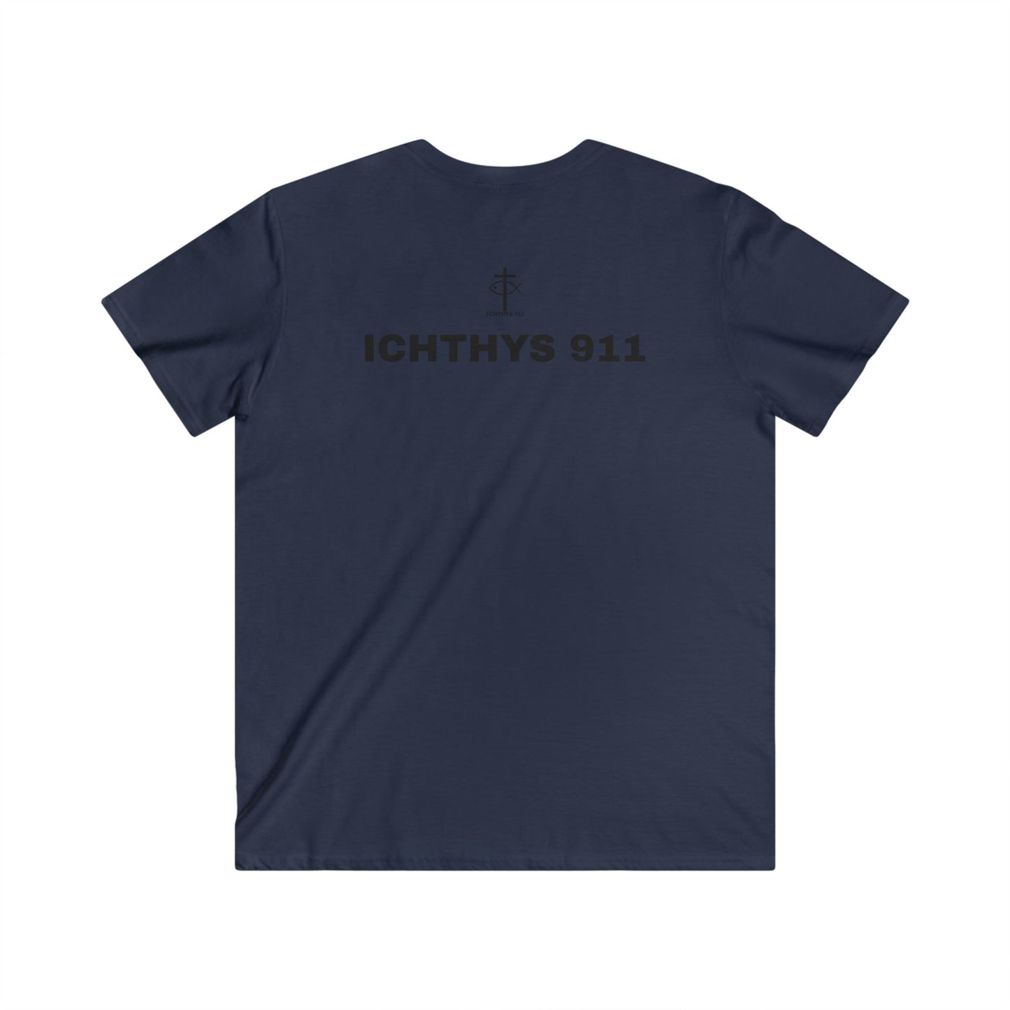 ICHTHYS 911 -Black Font - "Authentic Collection" Mens Fitted V-Neck Short Sleeve T - Shirt - Faith-Inspired featuring Christian Faith
