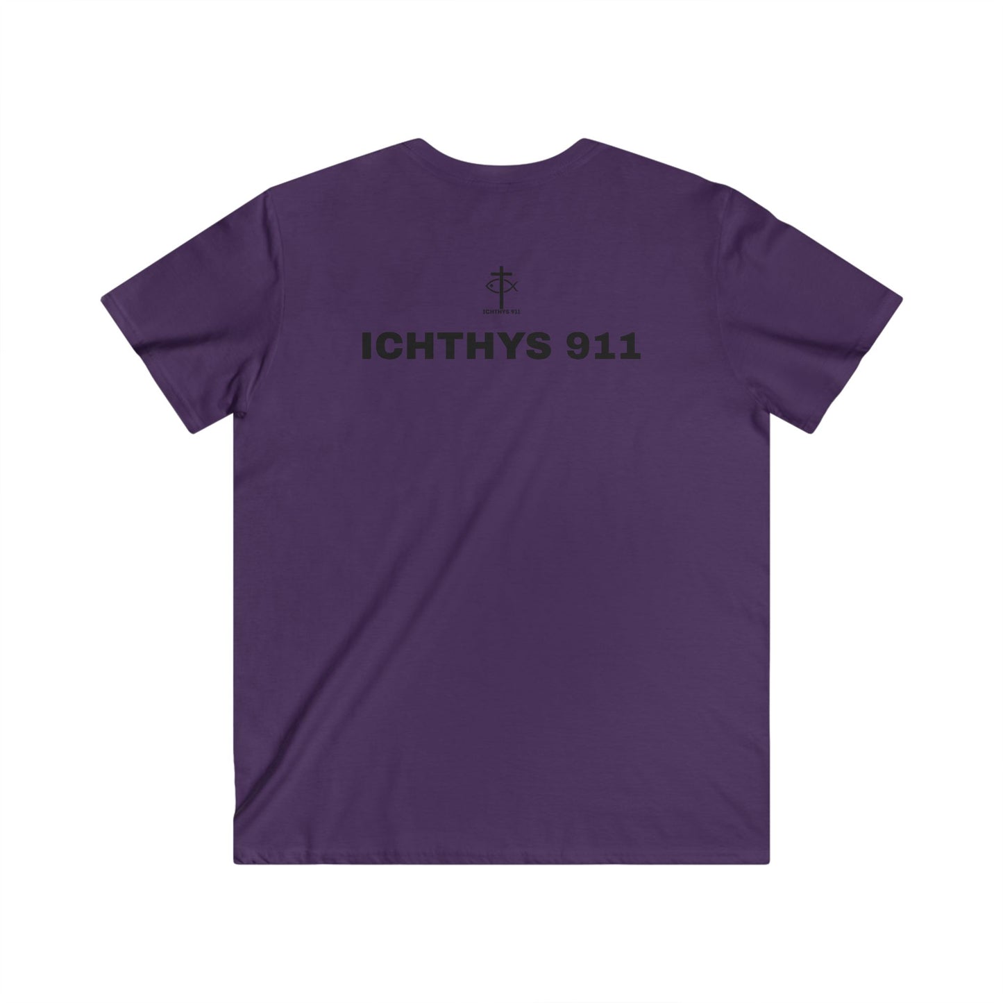 ICHTHYS 911 -Black Font - "Authentic Collection" Mens Fitted V-Neck Short Sleeve T - Shirt - Faith-Inspired featuring Christian Faith
