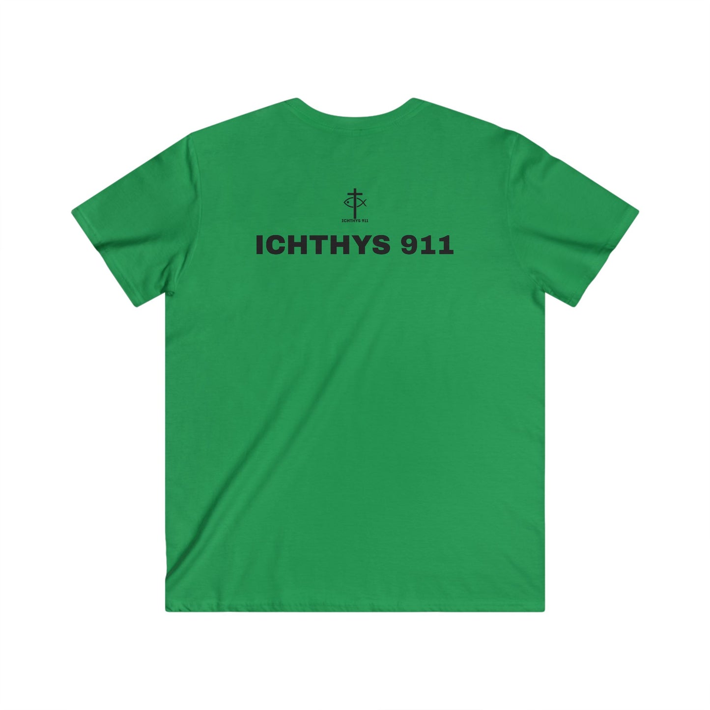 ICHTHYS 911 -Black Font - "Authentic Collection" Mens Fitted V-Neck Short Sleeve T - Shirt - Faith-Inspired featuring Christian Faith