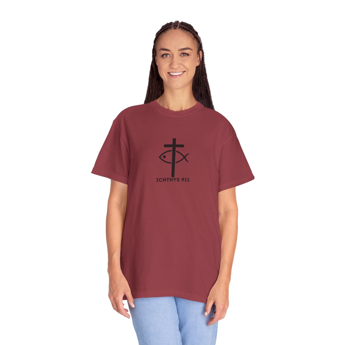 ICHTHYS 911 - Black Font "Faith & Strength" - Unisex Garment Dyed T- Shirt - 100% US Cotton - Men T-Shirt - Women T-Shirt - Inspirational Graphic T-Shirt for Everyday Motivation - Women T-Shirt - Soft T