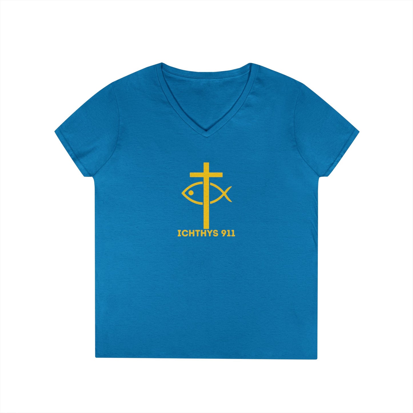 God Sees The Heart Gold Font Women’s Faith-Inspired V-Neck T-Shirt - ICHTHYS 911 Design911 Design