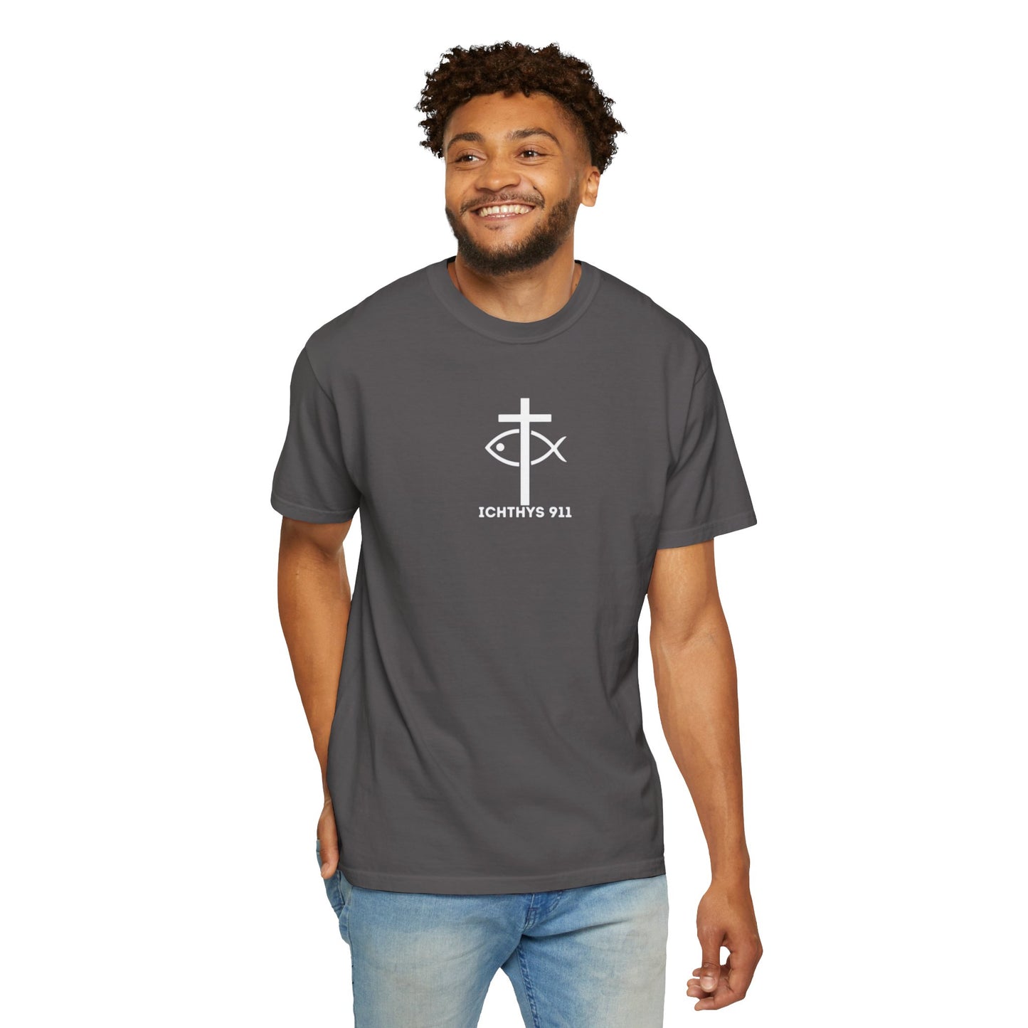 ICHTHYS 911 - White Font "Authentic" - Unisex - Men T-Shirt - Women T-Shirt - Christian Streetwear T-Shirt - Jesus Gym & Faith Fashion, Unisex Garment-Dyed T-Shirt