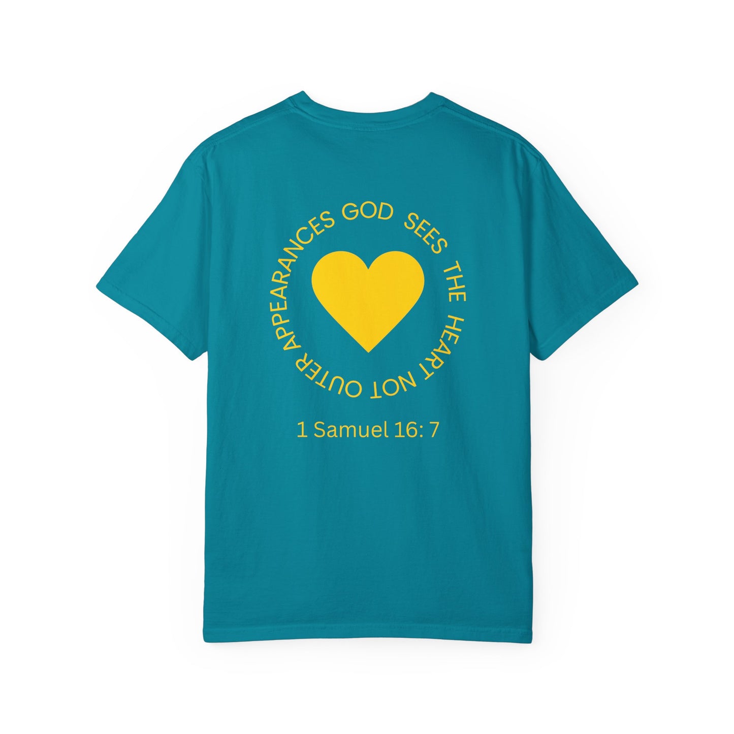 ICHTHYS 911 - "God Sees the Heart" Reverse' Gold Font - Unisex Garment - Dyed T-Shirt - 100% US Cotton - Men T-Shirt - Women T-Shirt - Inspirational Graphic T-Shirt for Everyday Motivation