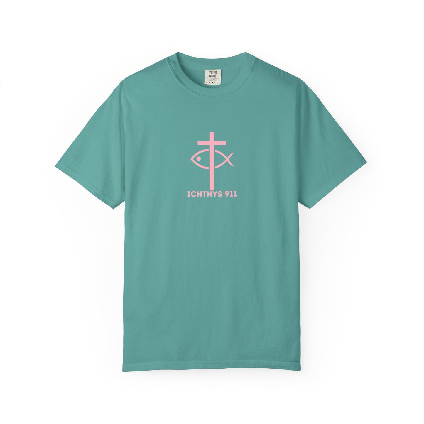 ICHTHYS 911 "Strength Through Christ Philippians 4:13" - Pink Font - Unisex Garment Dyed T-Shirt - 100% US Cotton -Men T-Shirt - Women T-Shirt - Christian Activewear - Wear Your Faith - T-Shirt