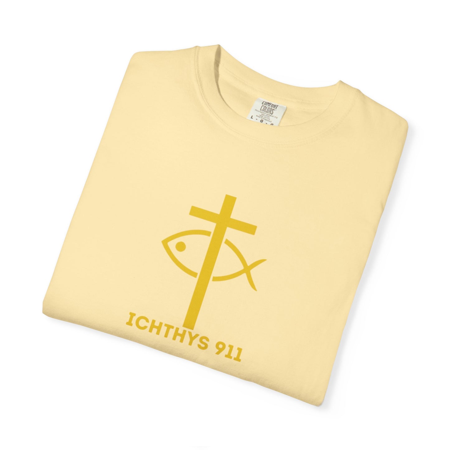 "Jesus Christ Son of God Savior" - Gold Font - Unisex Garment Dyed T- Shirt - Men T-Shirt - Women T-Shirt - Christian Streetwear T-Shirt – Jesus Gym & Faith Fashion,ICHTHYS 911 -
