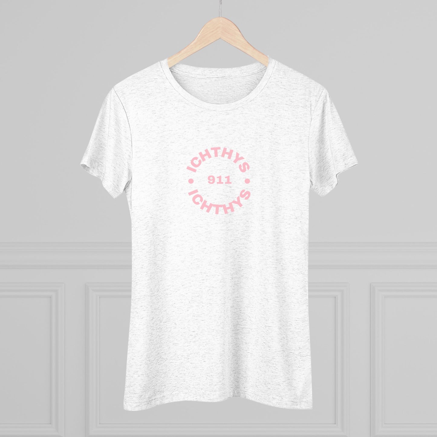 ICHTHYS 911 "IC Round Collection" Pink Font - Reverse Design - Inspirational Women's Triblend Tee - Women T-Shirt - 50% polyester, 25% cotton, 25% ryaon