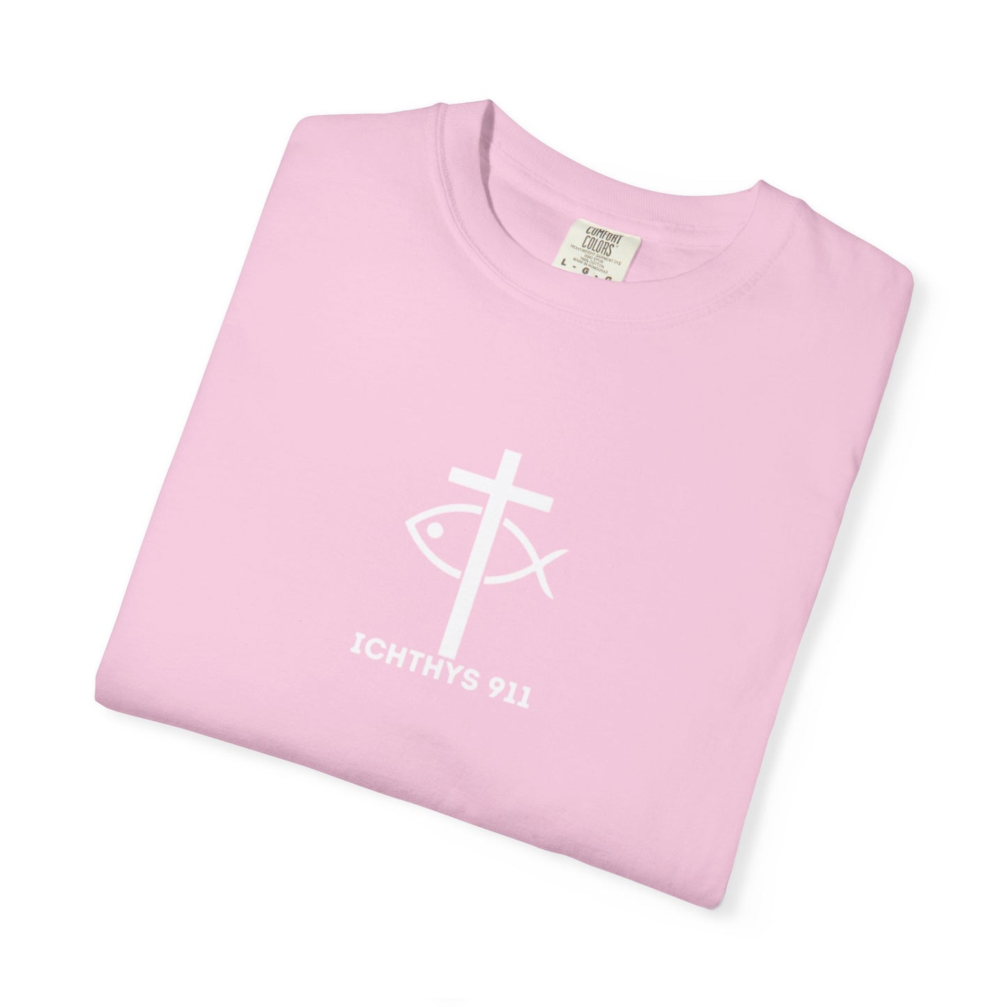 ICHTHYS 911 - White Font "Faith, Hope, & Love" - Garment Dyed - 100% US Cotton - Unisex T-Shirt - Men T-Shirt - Christian Women Tee - Faith-Inspired Shirt - Christian Fashion - Wear Your Faith - Additional Colors