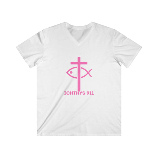 ICHTHYS 911 - Authentic Collection - Men's Fitted V-Neck Short Sleeve T - Shirt - Faith-Inspired - Christian Faith - Pink Font