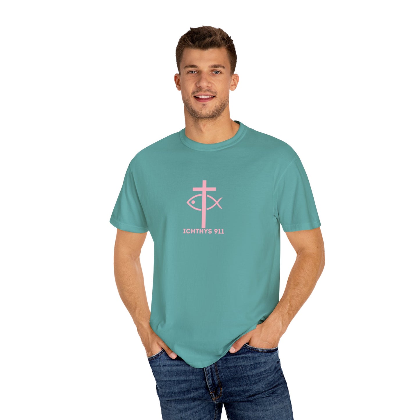 ICHTHYS 911 "Strength Through Christ Philippians 4:13" - Pink Font - Unisex Garment Dyed T-Shirt - 100% US Cotton -Men T-Shirt - Women T-Shirt - Christian Activewear - Wear Your Faith - T-Shirt