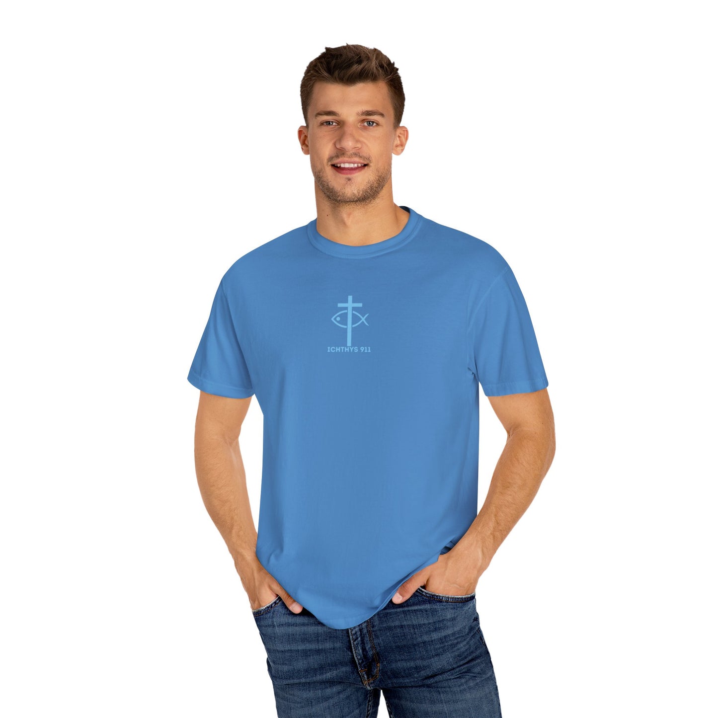 ICHTHYS 911 - Blue Font - Vendor - "Iēsous Christos, Theou Yios, Sōtēr" - Garment-Dyed Unisex T-Shirt - Men T-Shirt - Women T-Shirt - Christian Symbol - Greek - Faith Inspired -Christian Streetwear – Jesus Gym & Faith Fashion, Unisex Garment