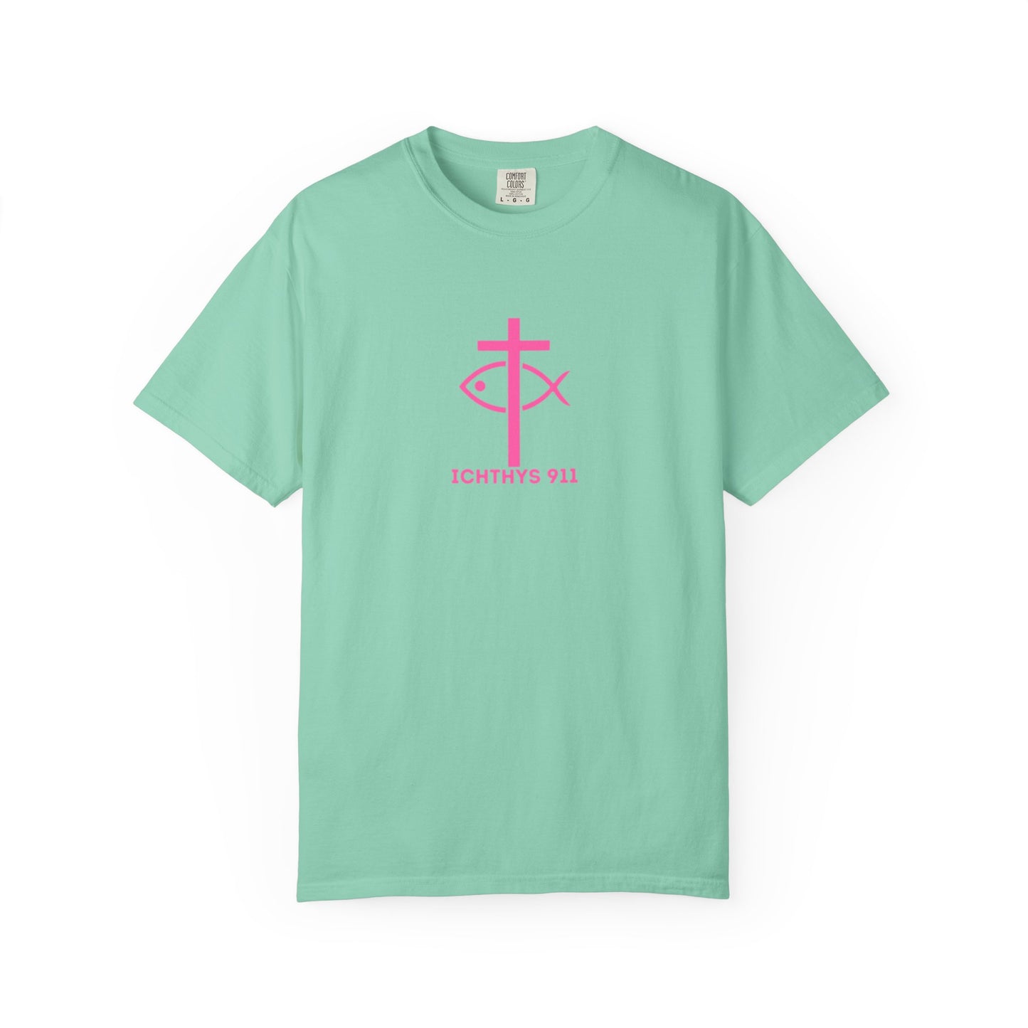 ICHTHYS 911 - "Authentic Design" - Pink Font - Unisex - Men T-Shirt - Women T-Shirt - Christian Streetwear T-Shirt – Jesus Gym & Faith Fashion, Unisex Garment-Dyed T-Shirt