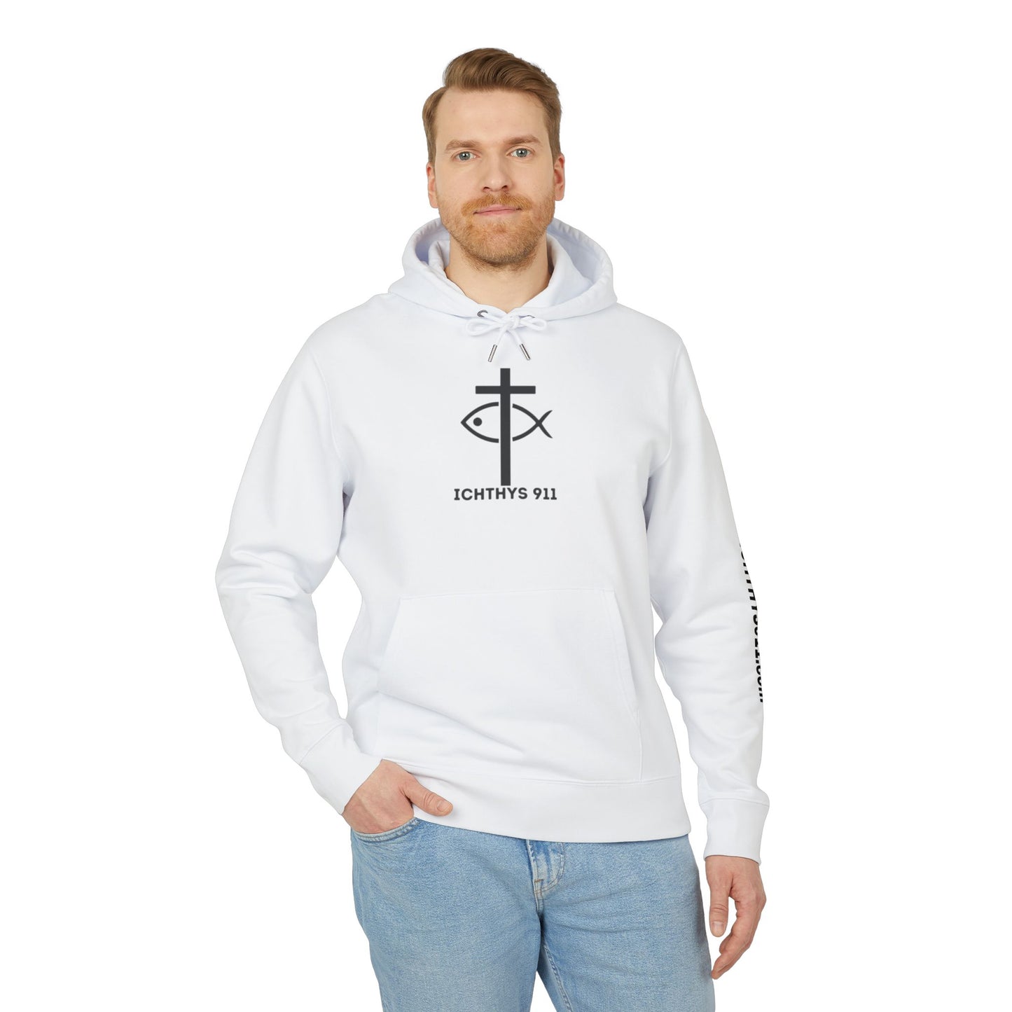 ICHTHYS 911 Hoodie – Unisex Pullover -White Font - Black Font on White - Heavy Fabric - ICHTHYS 911 Logo on Front & Back - 100% Organic