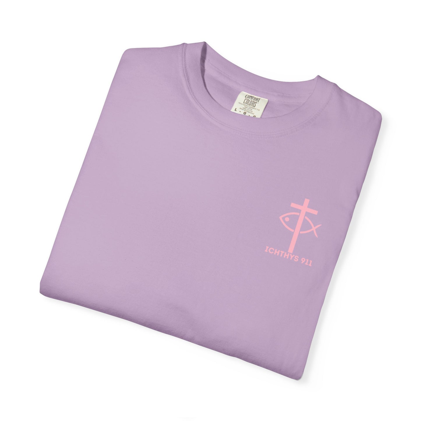 ICHTHYS 911 Pink Font "Badge Collection" - Unisex Garment Dyed T-Shirt 100% US Cotton - Christian Graphic Tee - Gym - T - Christian Faith - Jesus Wear - Women T-Shirt - Men T-Shirt - Garment Dyed