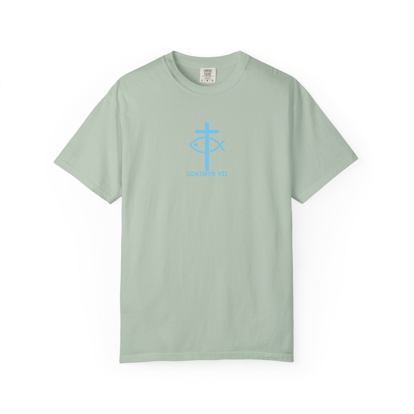 ICHTHYS 911 - "Jesus Christ Son of God Savior" Blue Font - Christian Streetwear T-Shirt – Jesus Gym & Faith Fashion, Unisex Garment-Dyed T-Shirt Blue Font