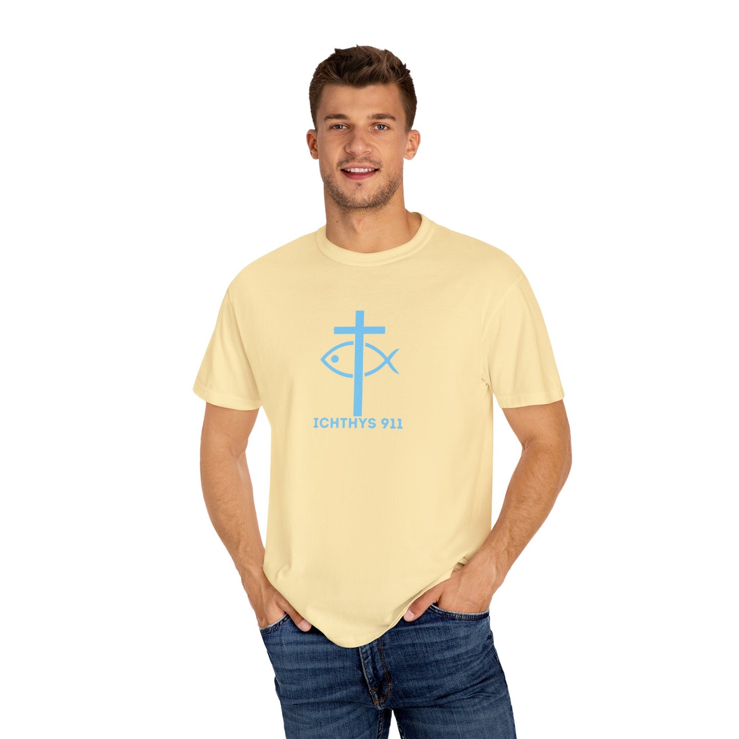 Jesus Christ Son of God Savior - Blue Font - Unisex Garment Dyed T- Shirt - Men T-Shirt - Women T-Shirt - Christian Streetwear T-Shirt – Jesus Gym & Faith Fashion - ICHTHYS 911