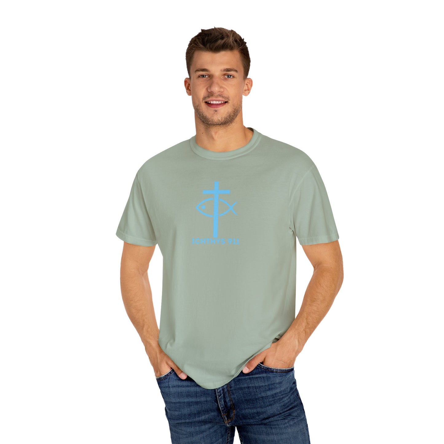 Jesus Christ Son of God Savior - Blue Font - Christian Streetwear T-Shirt – Jesus Gym & Faith Fashion, Unisex Garment-Dyed T-Shirt, ICHTHYS911, Men T-Shirt, Women T-Shirt
