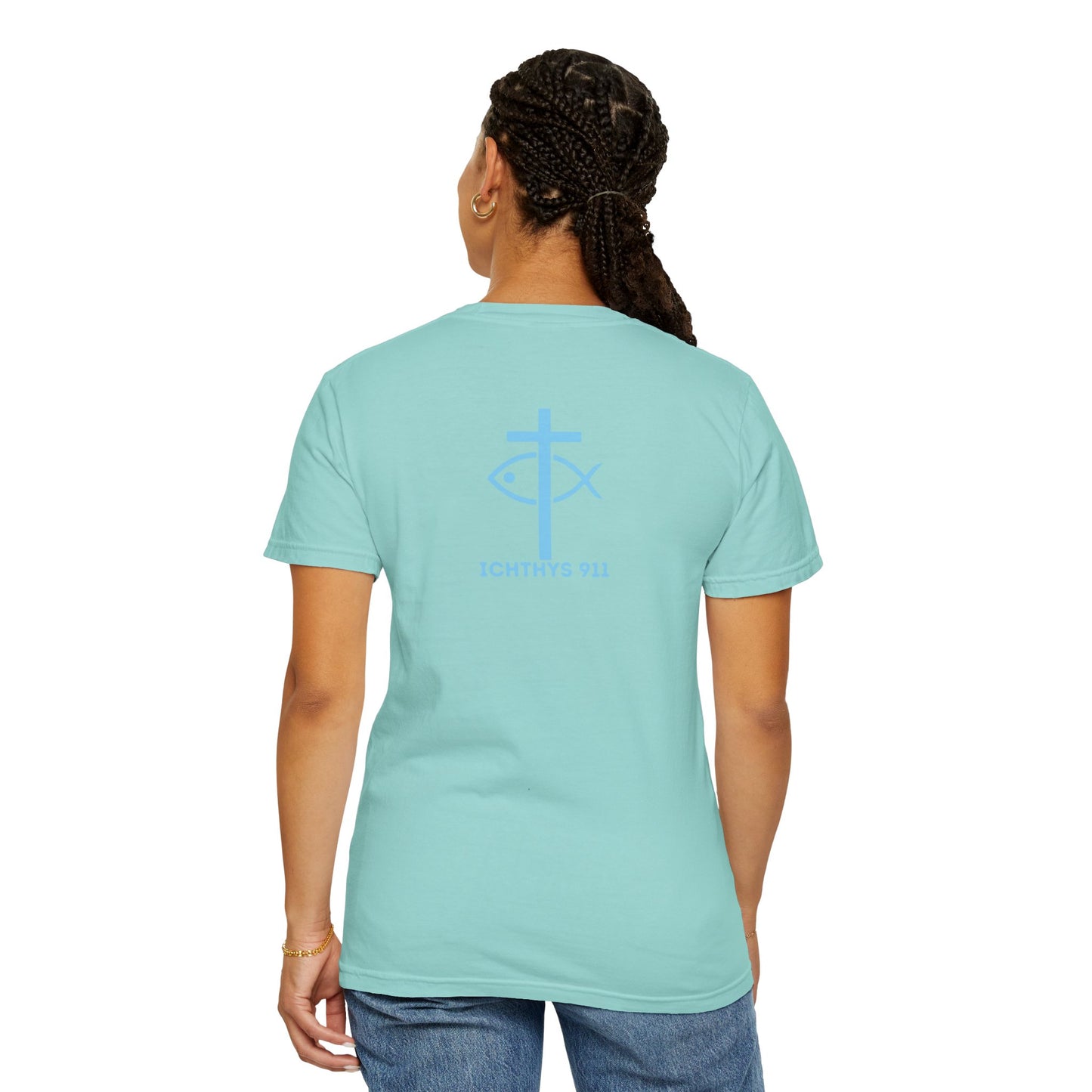 ICHTHYS 911 Blue & Black Font "Iēsous Christos, Theou Yios, Sōtēr" - Collection - Reverse Design - Unisex Garment Dyed - 100% US Cotton - Christian Graphic Tee - Gym - T - Christian Faith - Jesus Wear - Women T-Shirt - Men T-Shirt