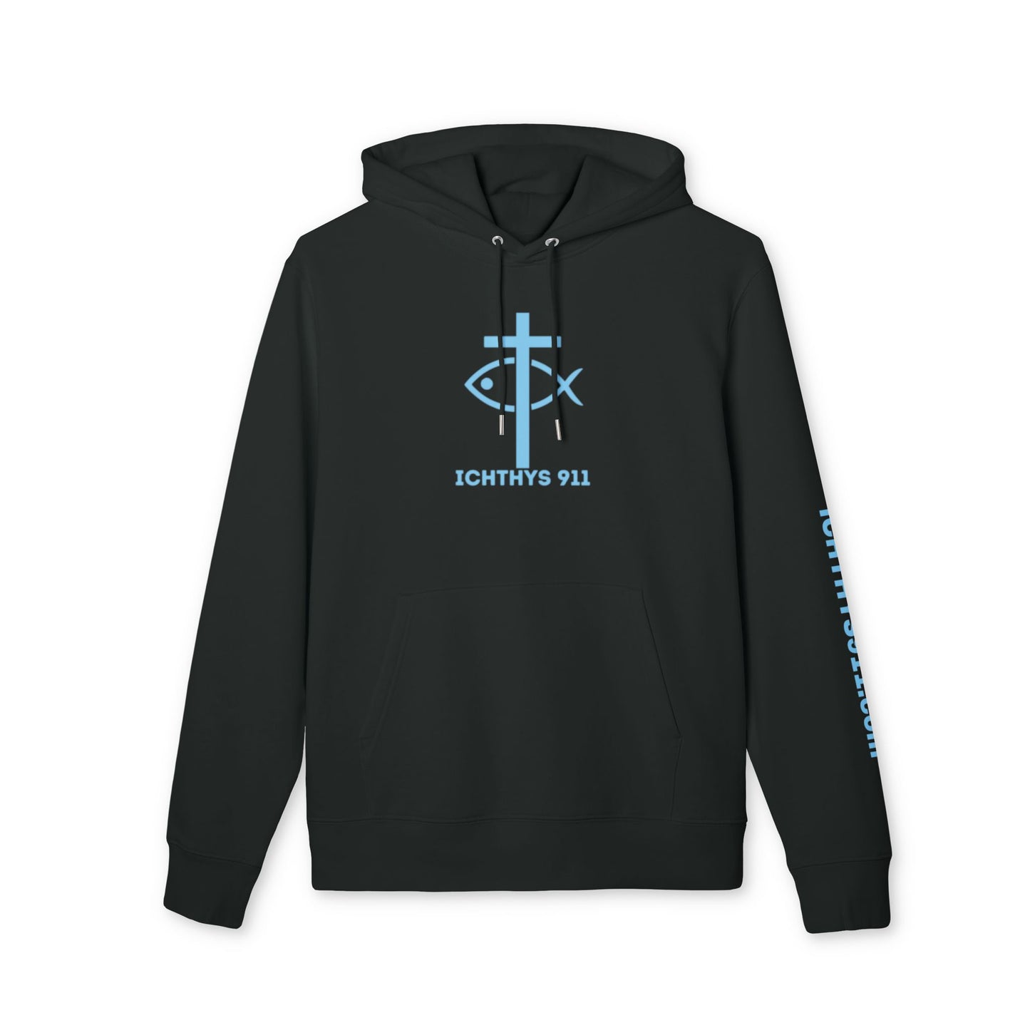 Iēsous Christos, Theou Yios, Sōtēr = Jesus Christ, Son of God, Savior - Unisex - Blue Font - Sweatshirt - ICHTHYS 911 - Hoodie -100% Organic- Heavy