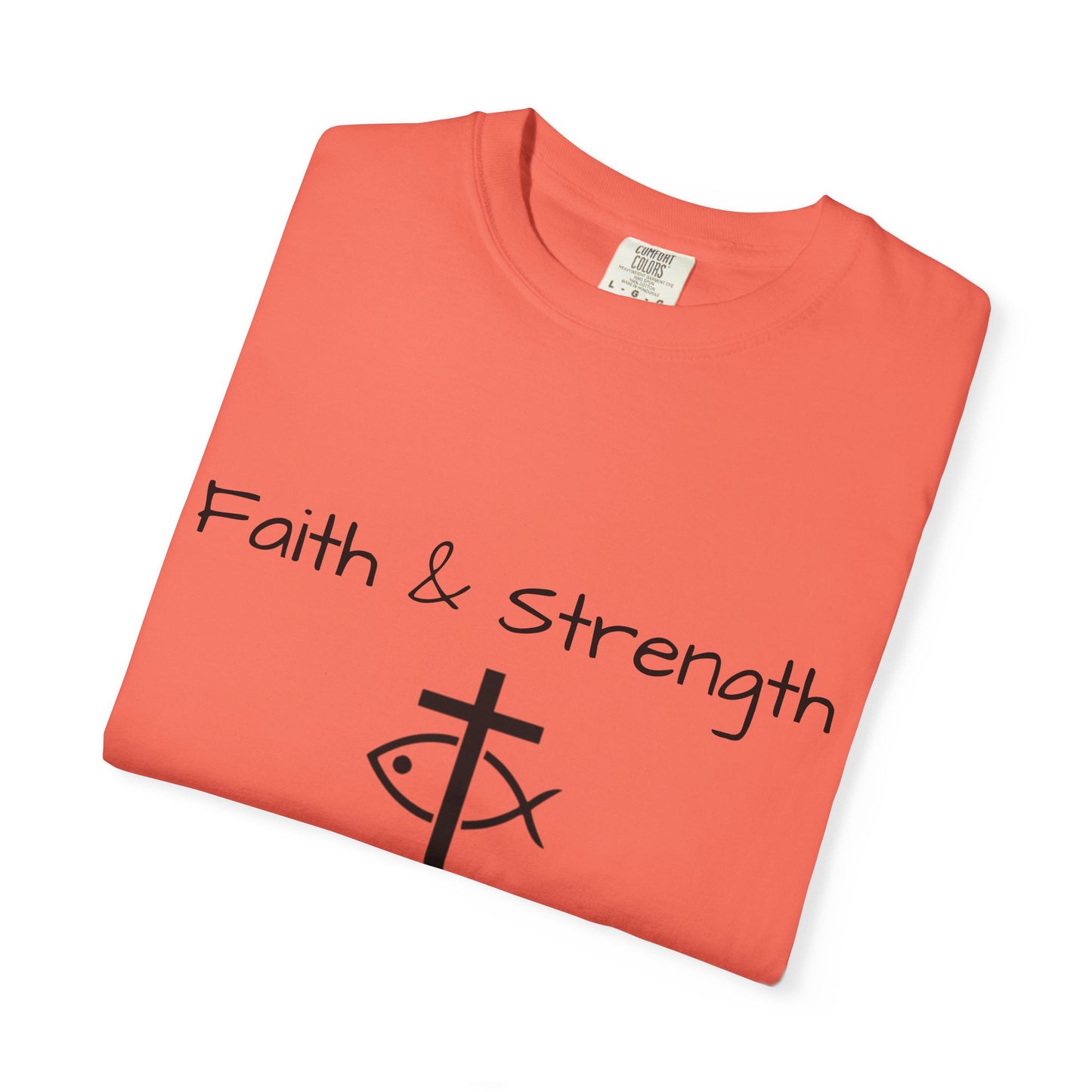 ICHTHYS 911 "Faith & Strength" Reverse - Black Font - Unisex Garment -Dyed Tee - 100% US Cotton - Men T-Shirt - Women T-Shirt - Inspirational Christian Shirt - Very Good Quality and Feel