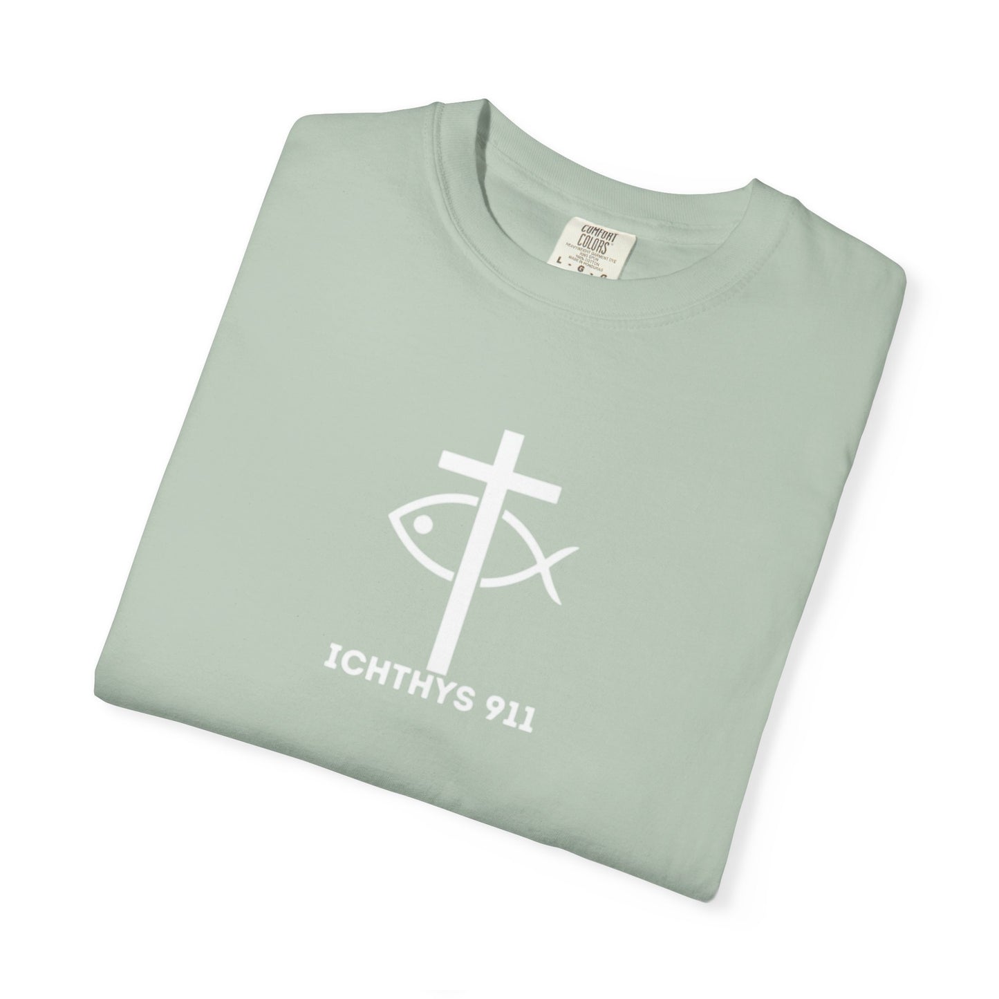 ICHTHYS 911 -  "God Sees the Heart" - White Font - Unisex Garment - Dyed T-Shirt - Inspirational Graphic T-Shirt for Everyday Motivation - 100% US cotton